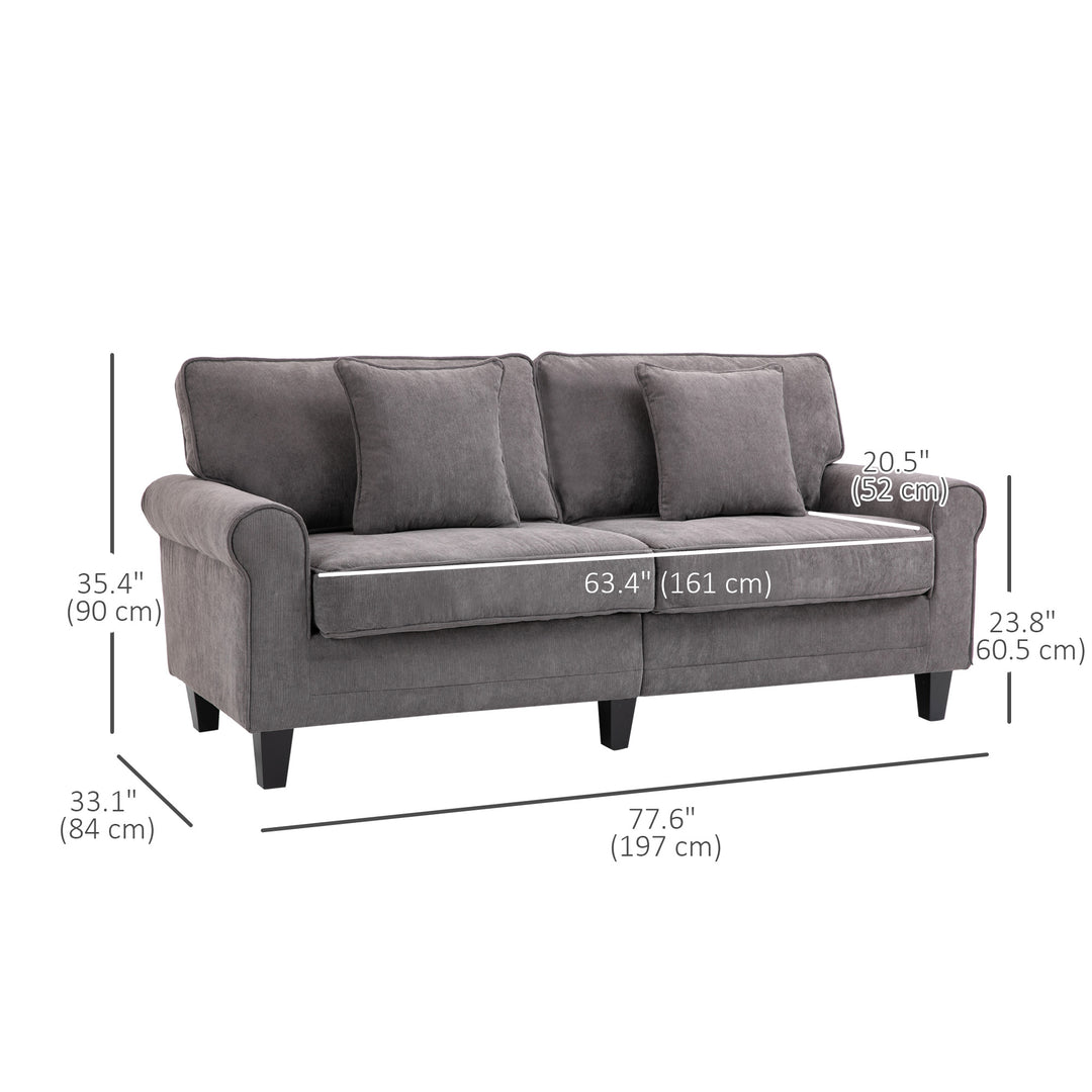 HOMCOM Modern 3 Seater Sofa, Corduroy Fabric 3 Seater Couch with Pine Wood Legs and Rolled Armrests for Living Room, Light Grey
