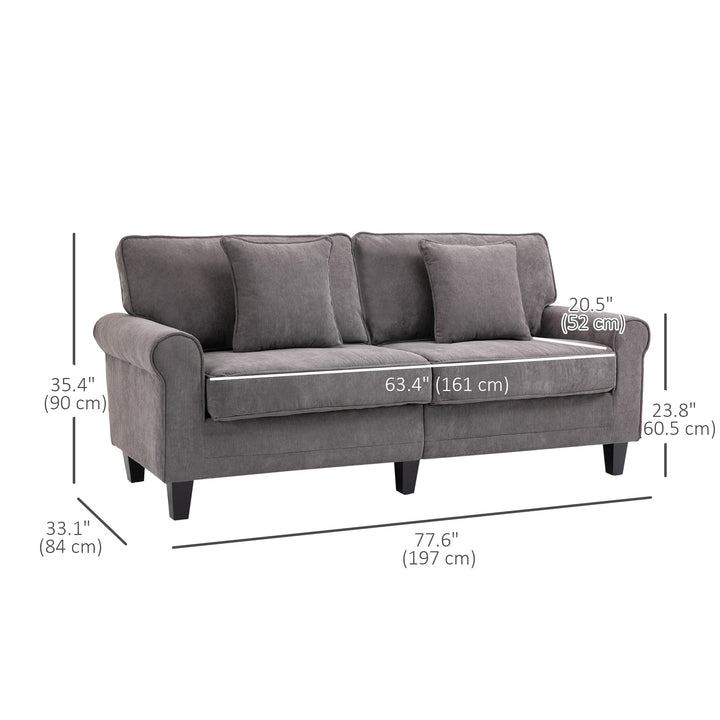 HOMCOM Modern 3 Seater Sofa, Corduroy Fabric 3 Seater Couch with Pine Wood Legs and Rolled Armrests for Living Room, Light Grey