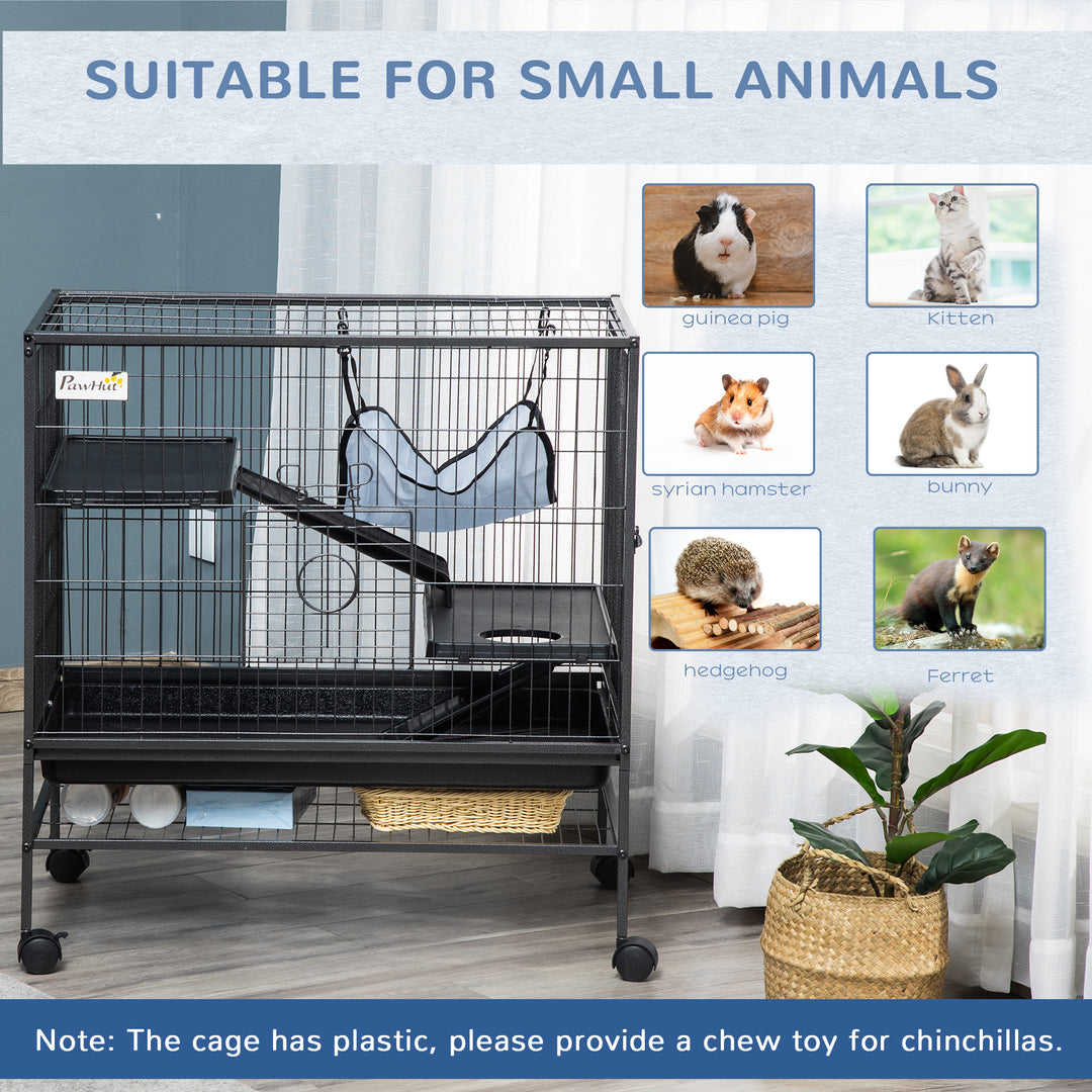 PawHut Small Animal Cage with Hammock, 3-Tier Ferret Cage Removable Tray
