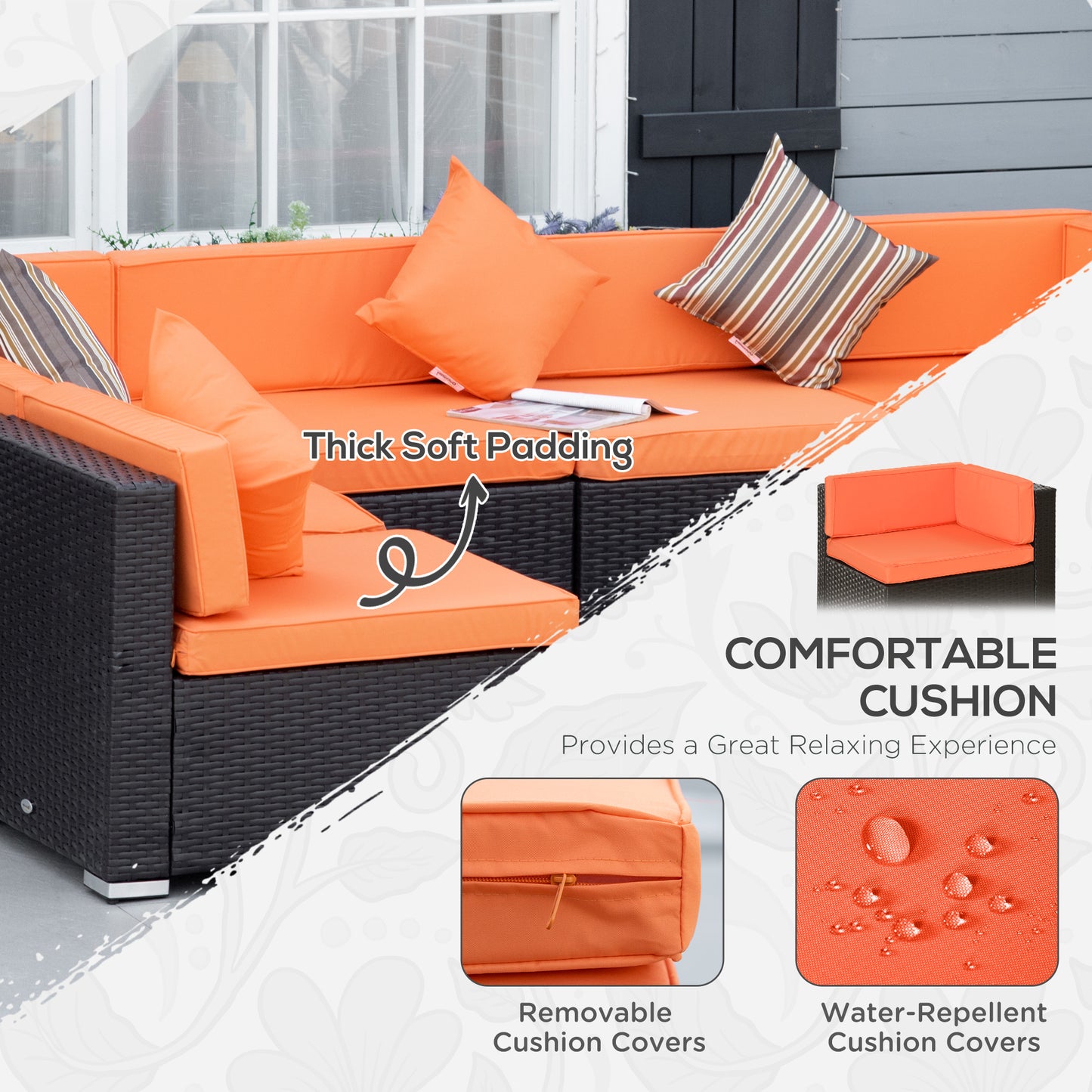 Outsunny 7pcs Garden Wicker Sectional Set w/ Tea Table Patio Rattan Lounge Sofa with Cushion for Outdoor Deck Orange