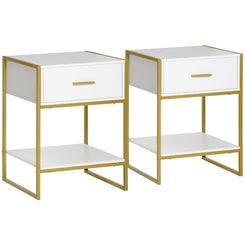 HOMCOM Nightstand Set of 2, Modern Bedside Table with Drawer and Shelf, Bedside Cabinets for Bedroom, White