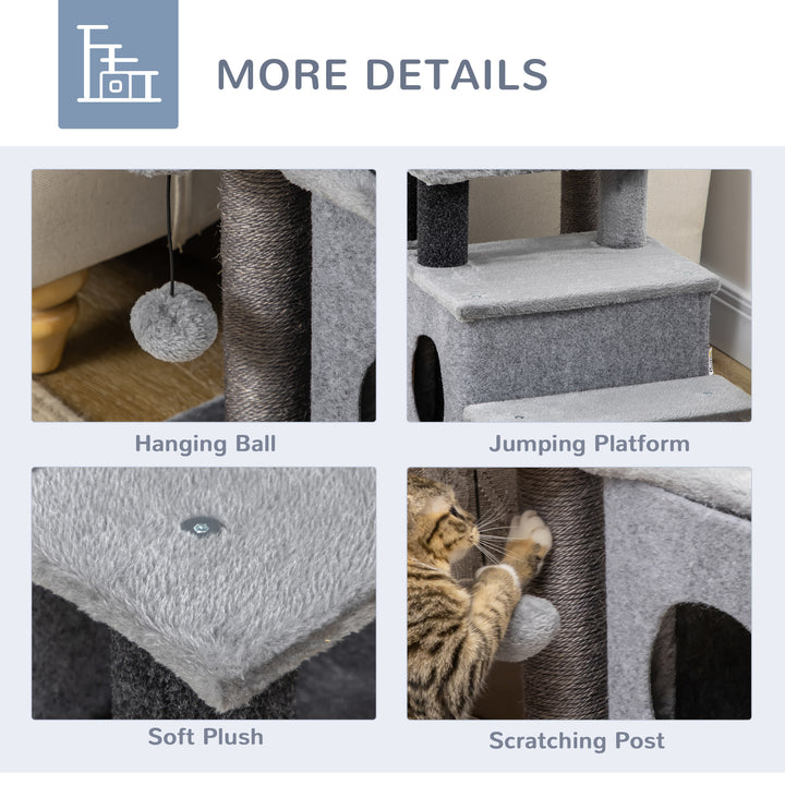 PawHut Cat Stairs Pet Steps for Couch Bed with Scratching Posts Condo Ball Toy, 23.6" x 15.7" x 26", Grey