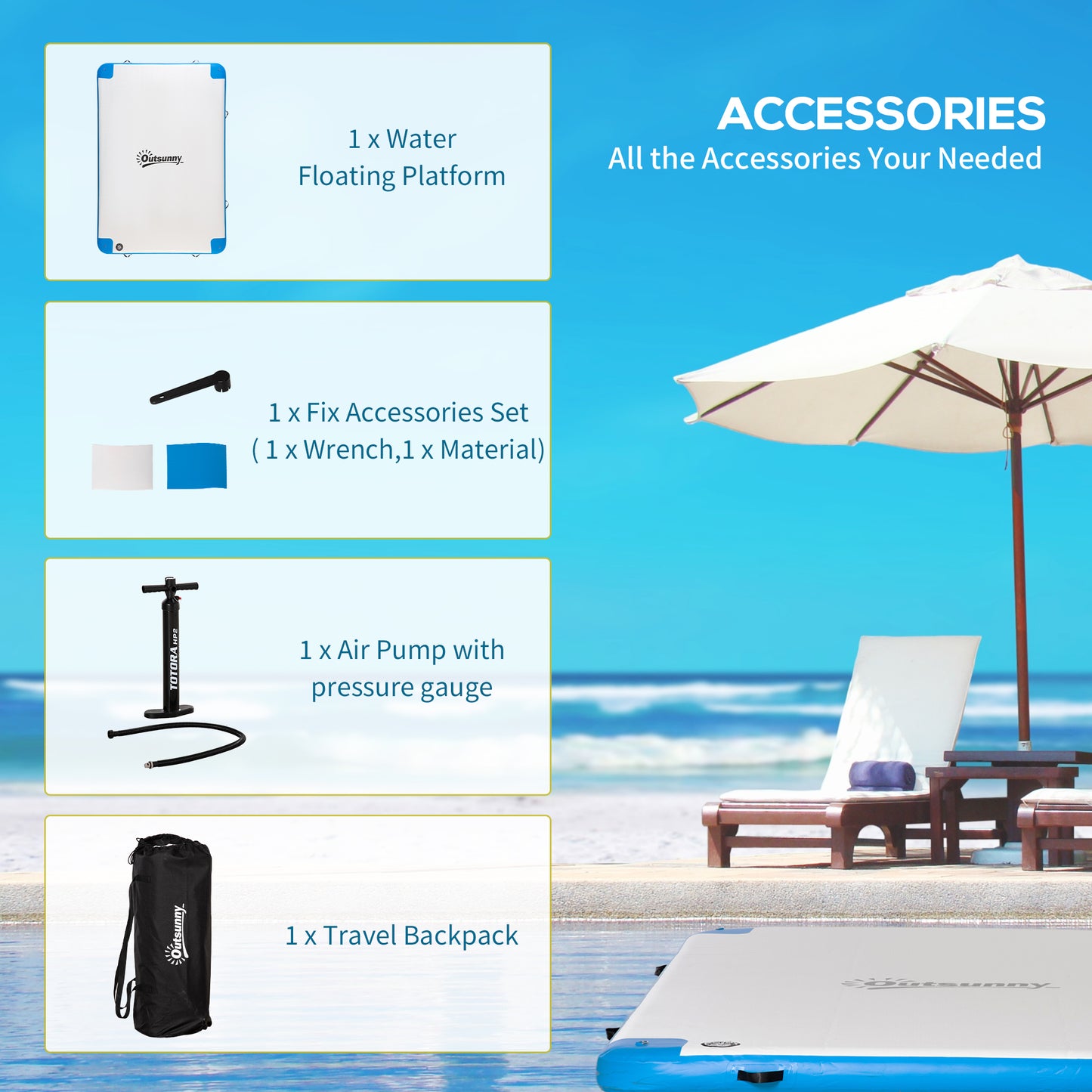 Outsunny 8' x 6' Water Floating Dock, Rafting Inflatable Island with Air Pump and Backpack for Pool, Beach, Ocean, Blue & Green