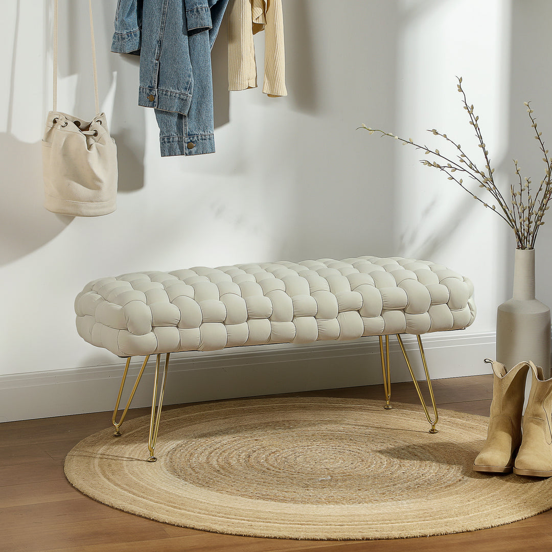 HOMCOM Upholstered Velvet End of Bed Bench 39" Woven End of Bed Bench with Gold Metal Legs for Entryway, Cream White