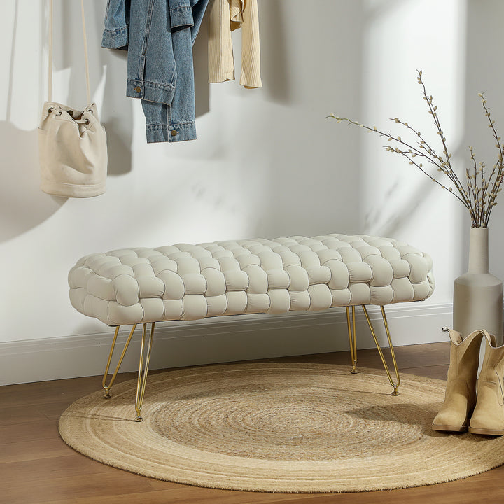 HOMCOM Upholstered Velvet End of Bed Bench 39" Woven End of Bed Bench with Gold Metal Legs for Entryway, Cream White