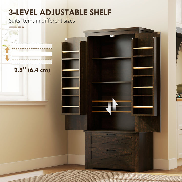 HOMCOM Farmhouse Kitchen Pantry Storage Cabinet, 64" Freestanding Kitchen Pantry Cabinet with Drawers, Distressed White