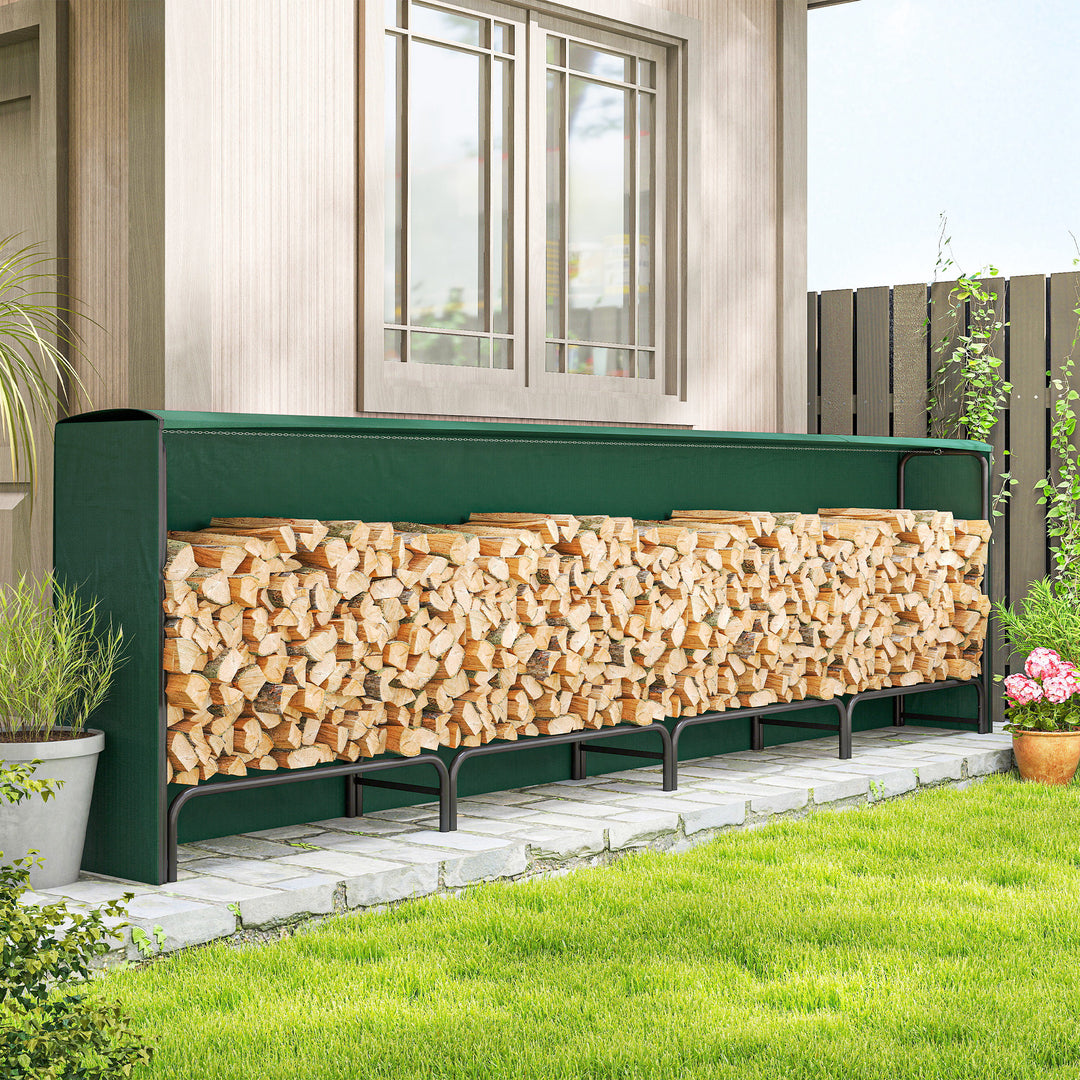 Outsunny Firewood Rack with Waterproof Cover, 500 kg Log Storage Holder with Steel Chains, 142" x 14" x 39", Dark Green
