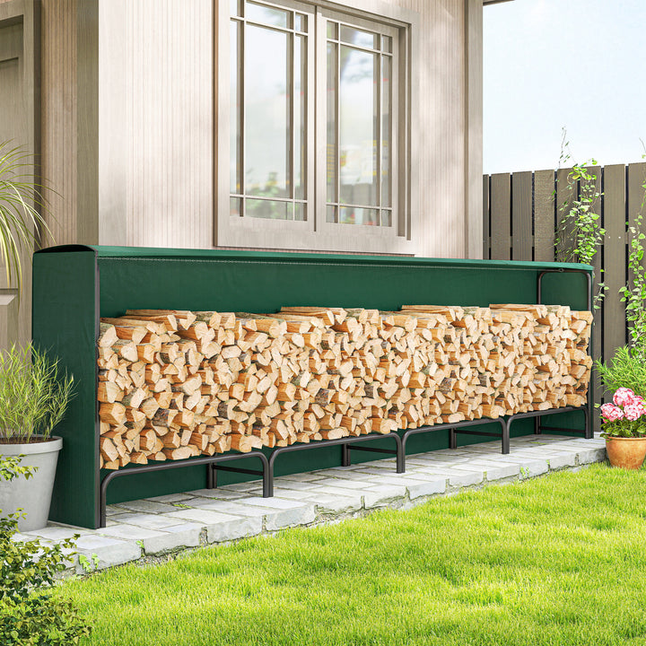 Outsunny Firewood Rack with Waterproof Cover, 500 kg Log Storage Holder with Steel Chains, 142" x 14" x 39", Dark Green