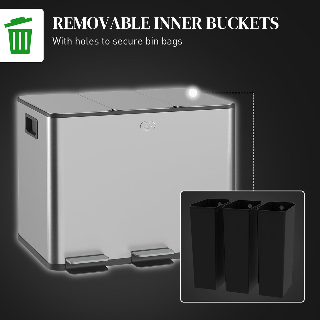 HOMCOM Triple Garbage Bin, Soft-Close Trash Can with Foot Pedal, 3 x 20 Liter Garbage Can with Removable Inner Buckets, Silver
