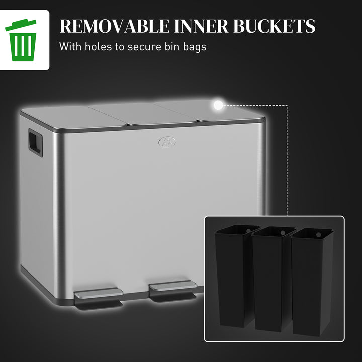 HOMCOM Triple Garbage Bin, Soft-Close Trash Can with Foot Pedal, 3 x 20 Liter Garbage Can with Removable Inner Buckets, Silver