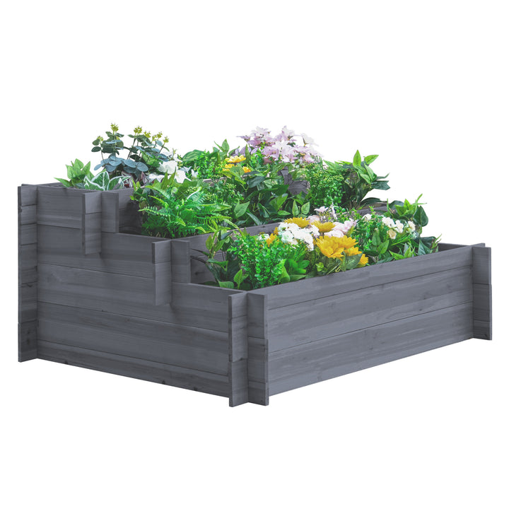 Outsunny 3-Tier Wood Raised Garden Bed, Elevated Planting Box, Outdoor Vegetable Flower Container, Herb Garden Indoor Kit, Natural