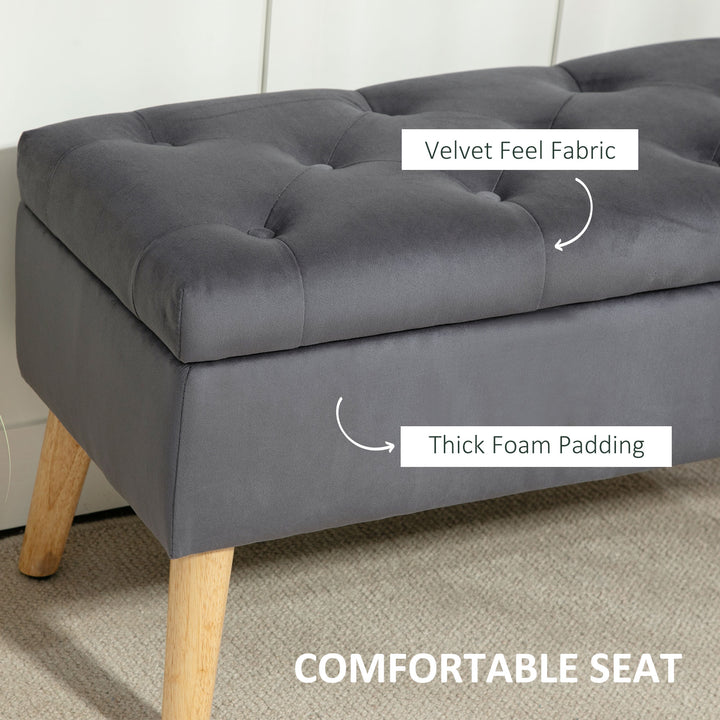HOMCOM Storage Ottoman with Lid, Velvet Upholstered Storage Bench with Wood Legs for Living Room, Charcoal Grey