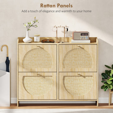 HOMCOM 4 Flip-Drawer Shoe Cabinet, Shoe Storage Cabinet with Rattan Doors and Adjustable Shelves, Holds 16 Pairs, Natural