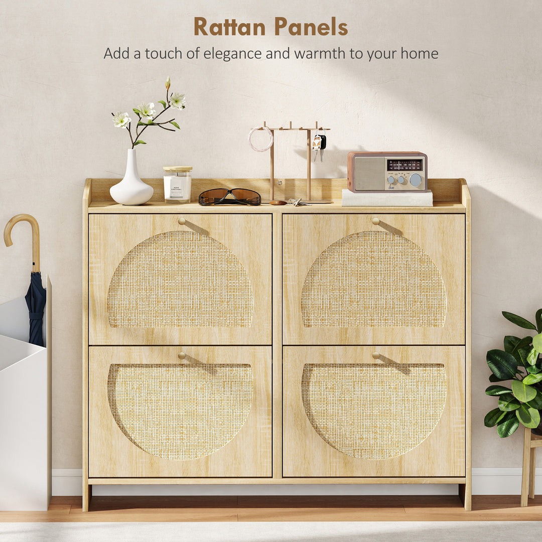 HOMCOM 4 Flip-Drawer Shoe Cabinet, Shoe Storage Cabinet with Rattan Doors and Adjustable Shelves, Holds 16 Pairs, Natural