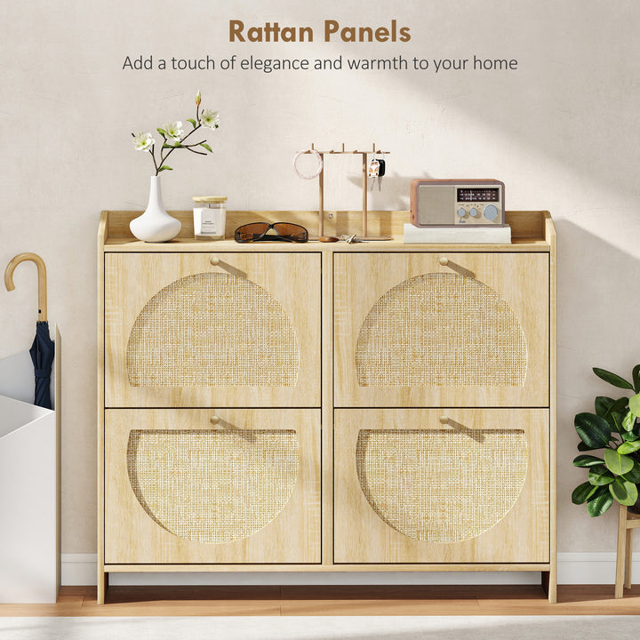 HOMCOM 4 Flip-Drawer Shoe Cabinet, Shoe Storage Cabinet with Rattan Doors and Adjustable Shelves, Holds 16 Pairs, Natural