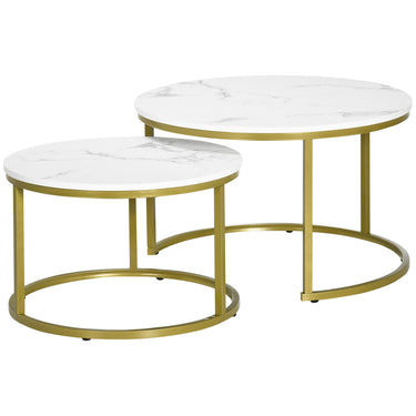 HOMCOM Nesting Tables, 29" Round Coffee Table Set of 2, Modern Side Tables for Living Room with Metal Base, Faux Marbled White