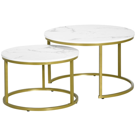 HOMCOM Nesting Tables, 29" Round Coffee Table Set of 2, Modern Side Tables for Living Room with Metal Base, Faux Marbled White