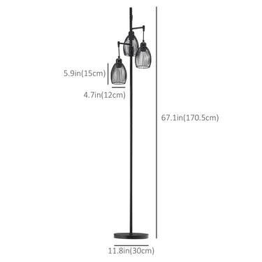 HOMCOM Industrial Floor Lamp with 3 Hanging Wire Lampshades, Dimmable Standing Lamp for Living Room, Bedroom, Dining Room, Study, Black