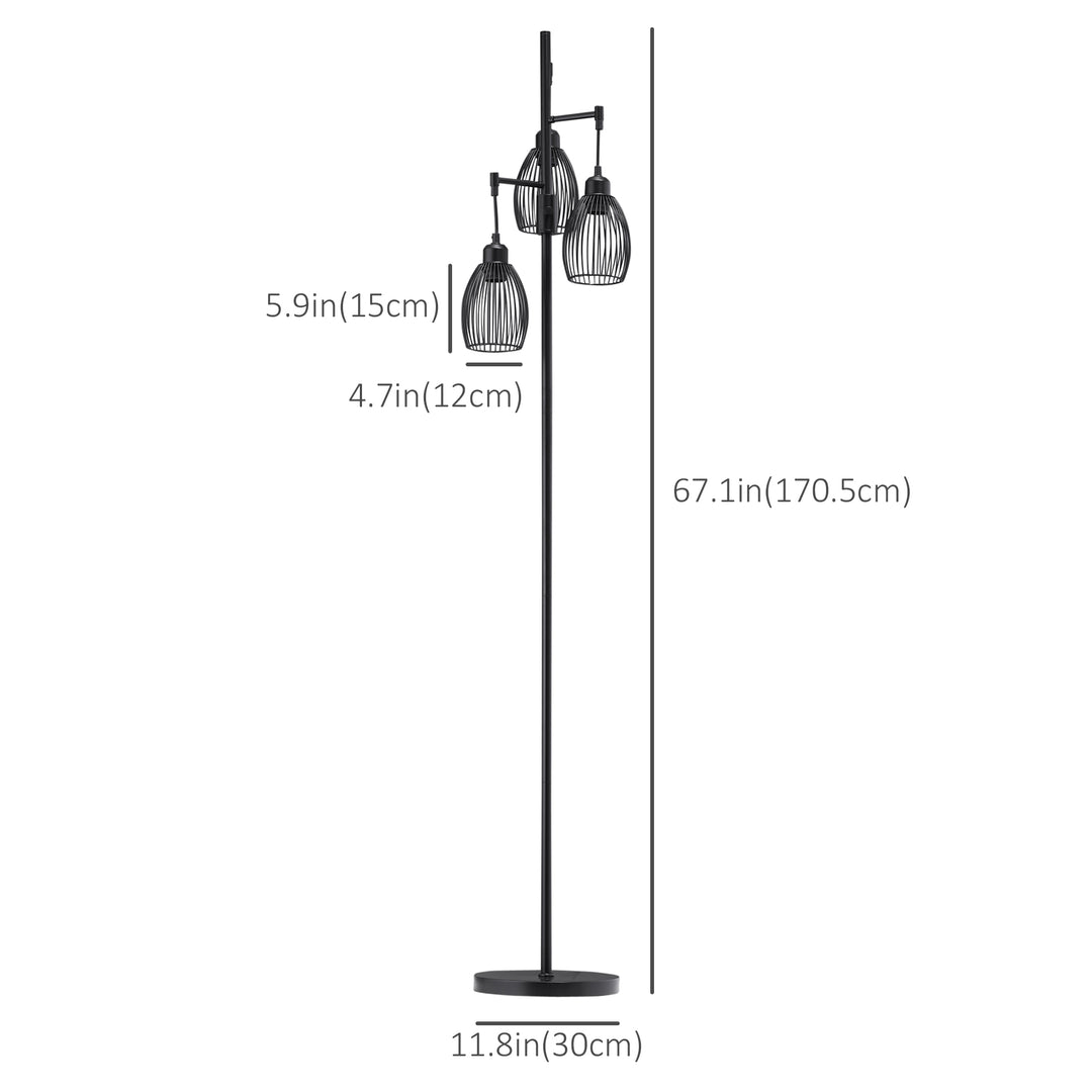 HOMCOM Industrial Floor Lamp with 3 Hanging Wire Lampshades, Dimmable Standing Lamp for Living Room, Bedroom, Dining Room, Study, Black