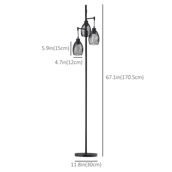 HOMCOM Industrial Floor Lamp with 3 Hanging Wire Lampshades, Dimmable Standing Lamp for Living Room, Bedroom, Dining Room, Study, Black