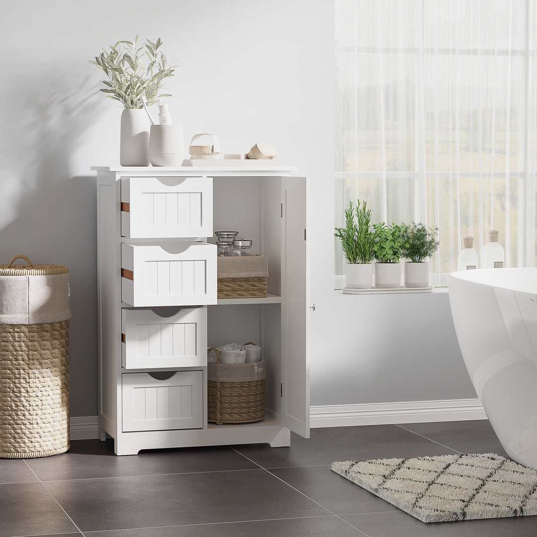 kleankin Bathroom Storage Cabinet, Floor Cabinet with Adjustable Shelf and 4 Drawers, Side Cabinet for Washroom, White