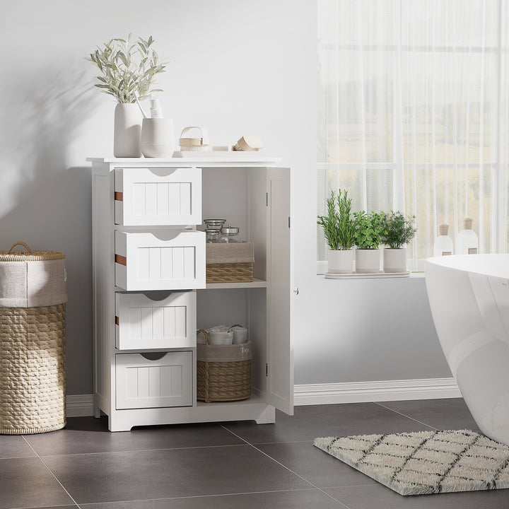 kleankin Bathroom Storage Cabinet, Floor Cabinet with Adjustable Shelf and 4 Drawers, Side Cabinet for Washroom, White
