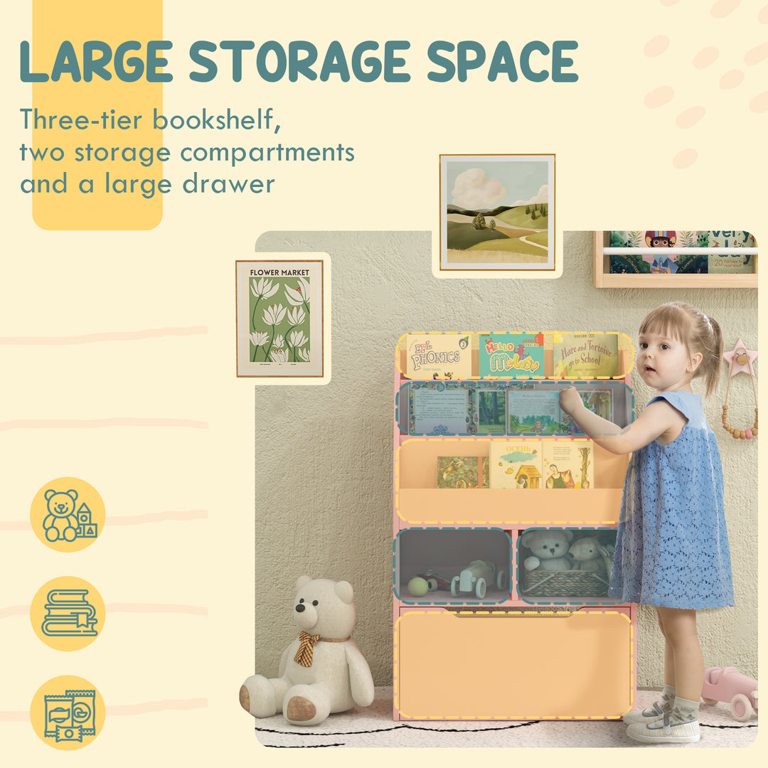 HOMCOM Kids Bookcase Multi-Shelf Rack Organizer with Storage Drawer for Books for Reading Nook, Classroom, Bedroom, Playroom, Grey