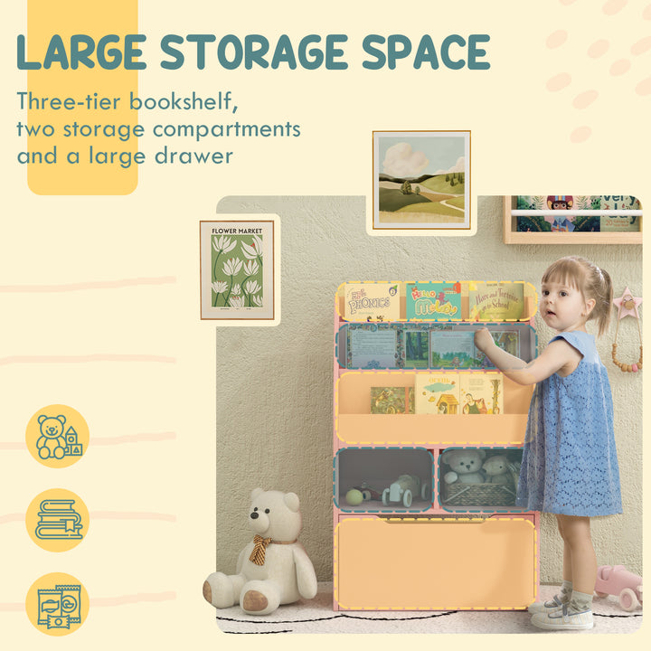 HOMCOM Kids Bookcase Multi-Shelf Rack Organizer with Storage Drawer for Books for Reading Nook, Classroom, Bedroom, Playroom, Grey