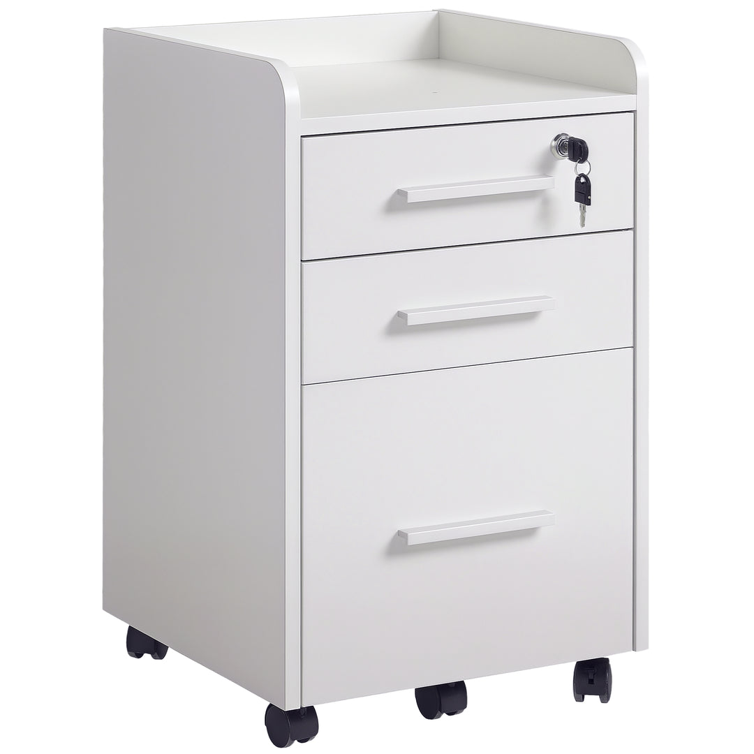 HOMCOM 3 Drawer File Cabinet with Lock and Edged Top, Lockable Filing Cabinet on Wheels for Letter and A4 Size, White