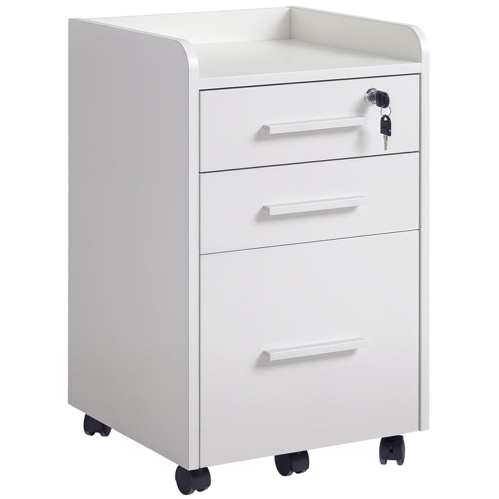 HOMCOM 3 Drawer File Cabinet with Lock and Edged Top, Lockable Filing Cabinet on Wheels for Letter and A4 Size, White