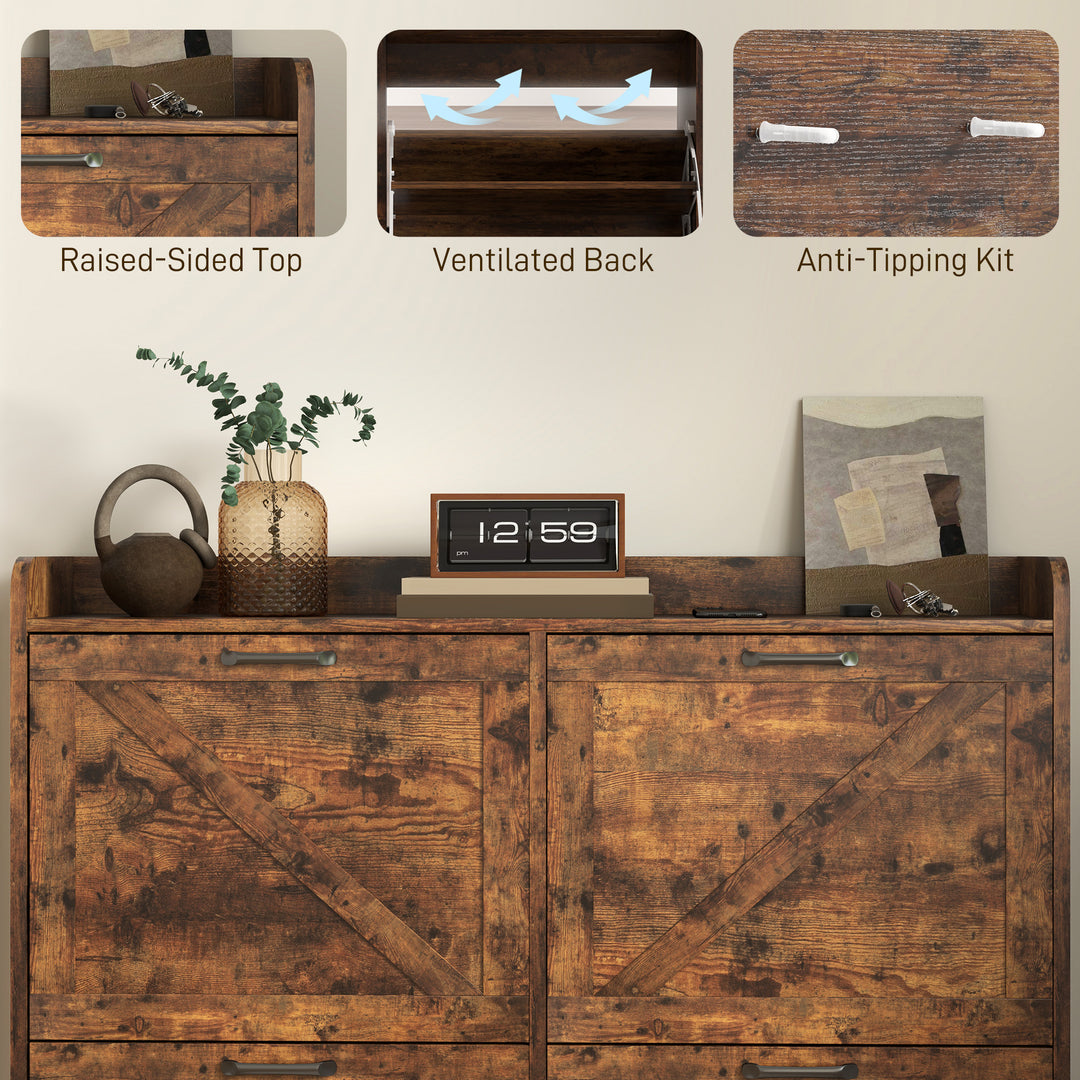 HOMCOM Narrow Shoe Storage Cabinet with 4 Flip Drawers, Adjustable Shelves, 16 Pair Farmhouse Shoe Cabinet, Rustic Brown