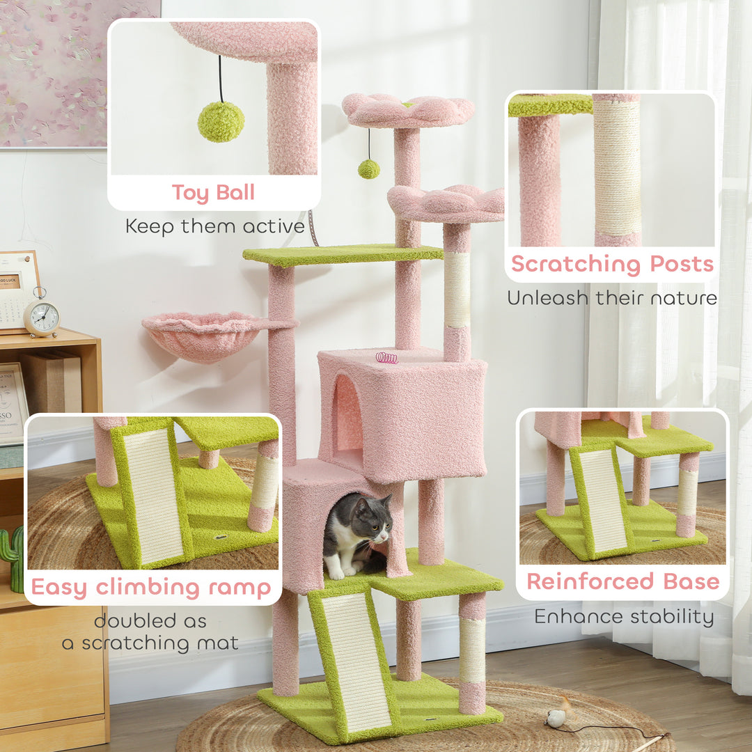 PawHut Flower Cat Tree with Sisal Scratching Posts, Multi-Level Cat Tower, Pink