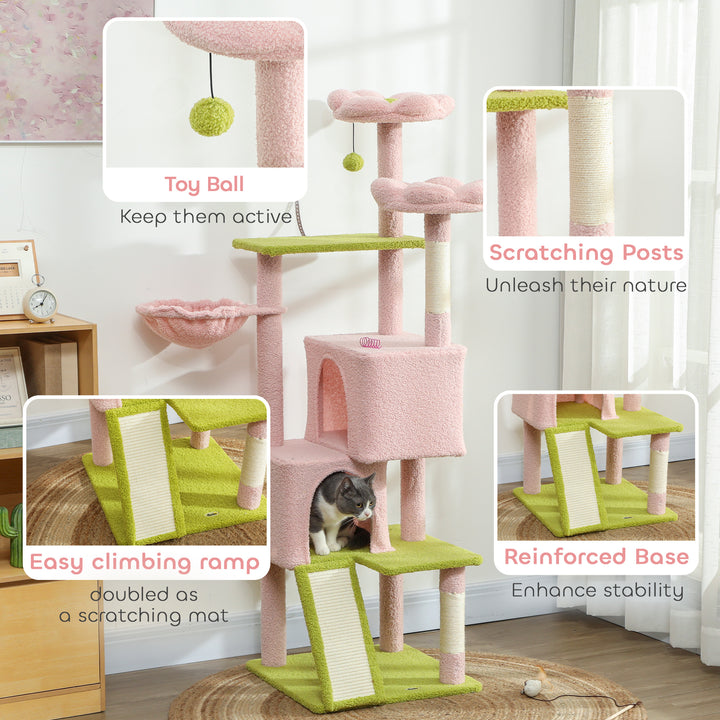 PawHut Flower Cat Tree with Sisal Scratching Posts, Multi-Level Cat Tower, Pink