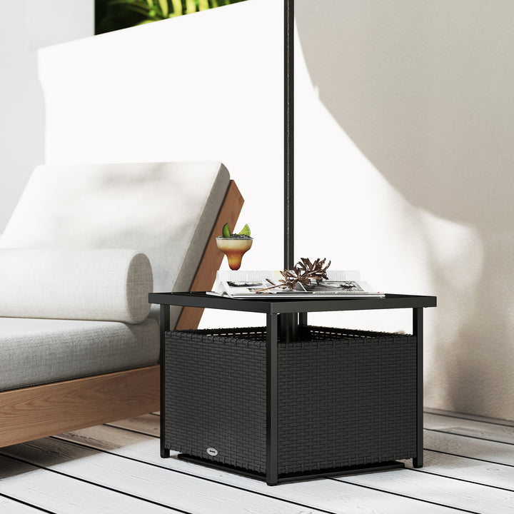 Outsunny 21.75" Outdoor Rattan Wicker Patio Coffee Table with Umbrella Hole, Patio Side Table with Slatted Metal Top, Brown