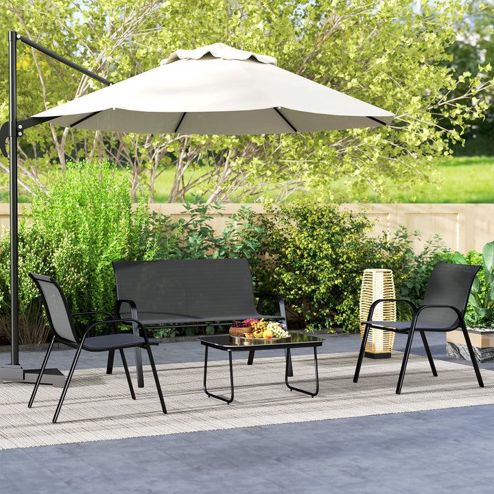 Outsunny 4 Pieces Outdoor Furniture Set with 2 Stackable Chairs, Loveseat, Patio Conversation Set with Glass Coffee Table, Black