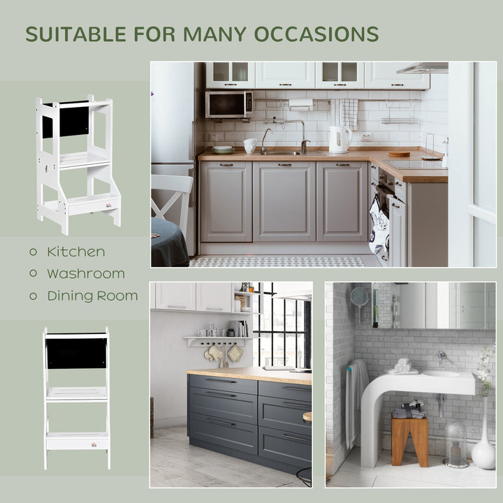 Qaba 2-in-1 Kids Kitchen Helper Step Stool, Detachable Toddler Table and Chair Set, Children Standing Tower for Kitchen Counter with Safety Rail Chalkboard, White