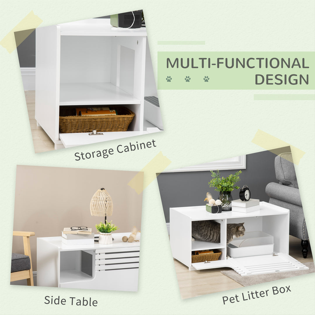 PawHut Hidden Cat Litter Box Furniture, Cat Litter Box Enclosure with Storage Compartments and Side Table Function, White