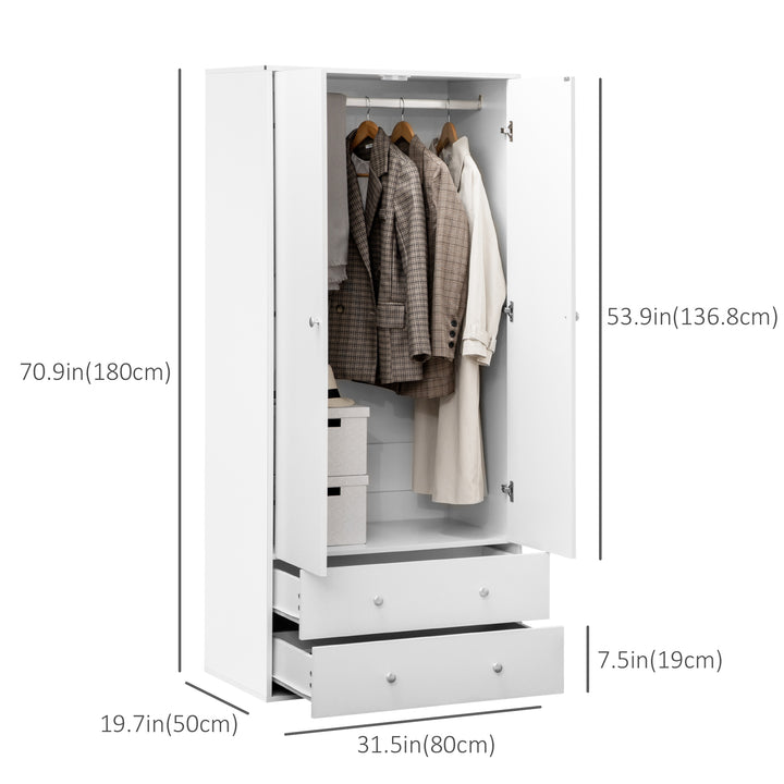 HOMCOM Modern Wardrobe Closet Armoire with 2 Drawers and Hanging Rod, Clothes Storage Organizer with Anti-tipping Design for Bedroom, White