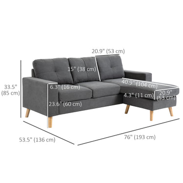 HOMCOM Sectional Sofa Couch, L Shaped Couch with Reversible Chaise, Wooden Legs for Living Room, Bedroom, Dark Grey