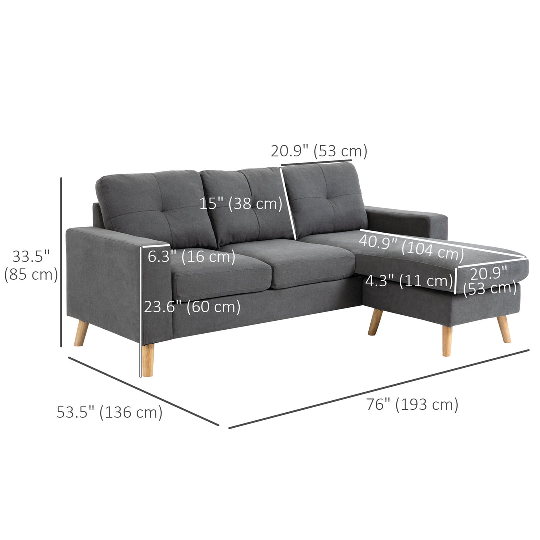 HOMCOM Sectional Sofa Couch, L Shaped Couch with Reversible Chaise, Wooden Legs for Living Room, Bedroom, Dark Grey