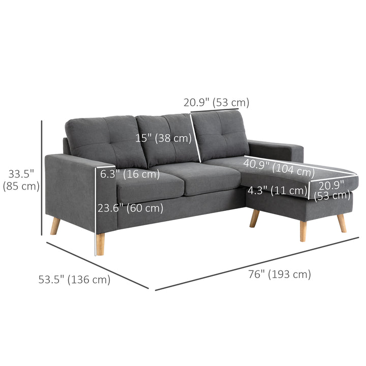 HOMCOM Sectional Sofa Couch, L Shaped Couch with Reversible Chaise, Wooden Legs for Living Room, Bedroom, Dark Grey