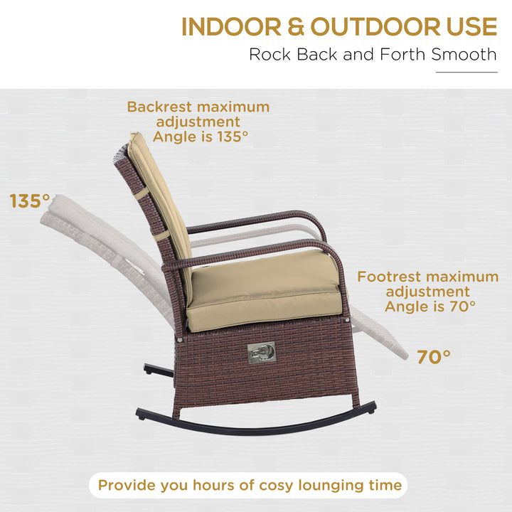 Outsunny Outdoor Wicker Rocking Chair with Cushion, Patio PE Rattan Recliner Chair with Adjustable Footrest, Armrests, Dark Blue