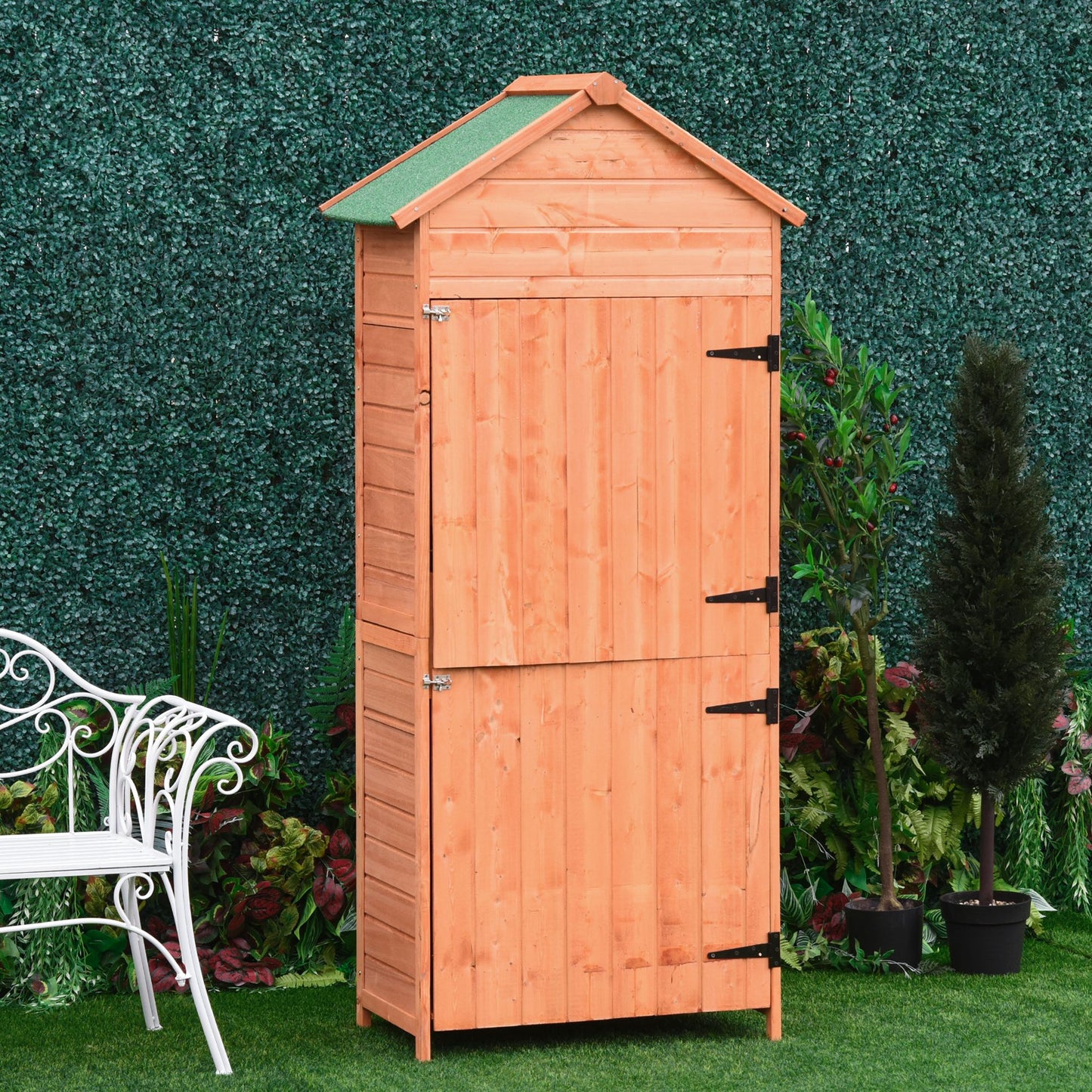 Outsunny Wood Garden Shed Outdoor Tool Storage Cabinet Hutch Lockable Unit with Double Door and 3 Tire Storage Shelves