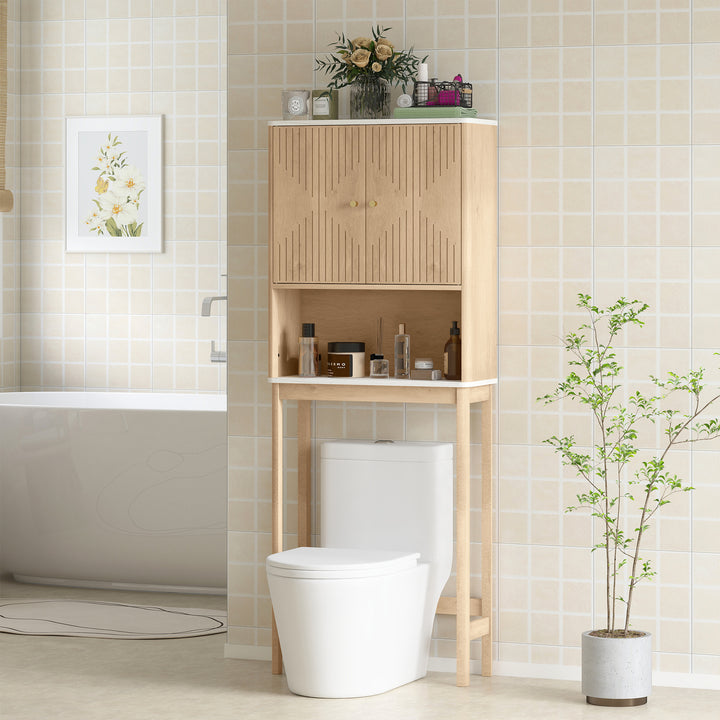 HOMCOM Over The Toilet Storage Cabinet with Adjustable Shelf, Open Shelf and Adjustable Bottom Bar, Oak