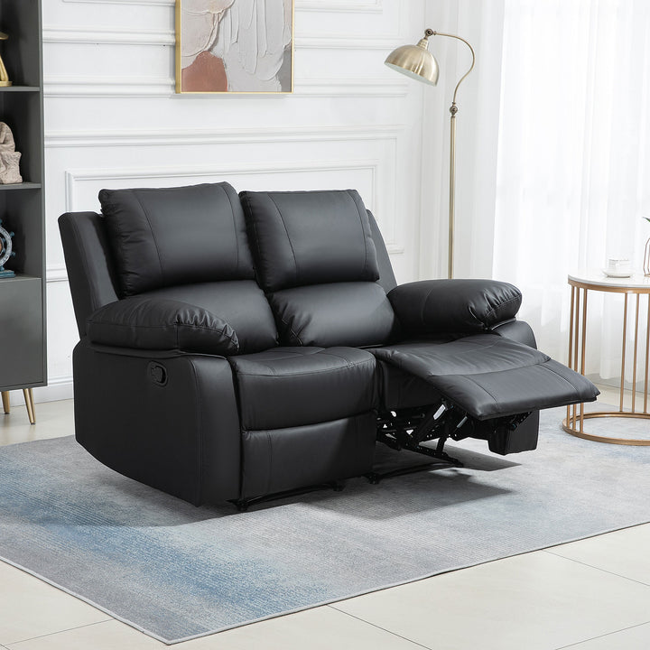HOMCOM Double Reclining Loveseat, PU Leather Manual Recliner Sofa Chair with Pullback Control Footrest for Living Room, Black