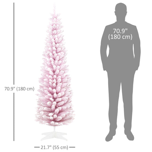 HOMCOM 6ft Flocked Christmas Tree, Pencil Artificial Christmas Tree with Realistic Branches, Pink