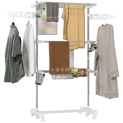 HOMCOM 3-Tier Foldable Clothes Drying Rack, Stainless Steel Laundry Rack with 2 Side Wings and 6 Castors, Collapsible Adjustable Clothes Airer for Indoor Outdoor, White