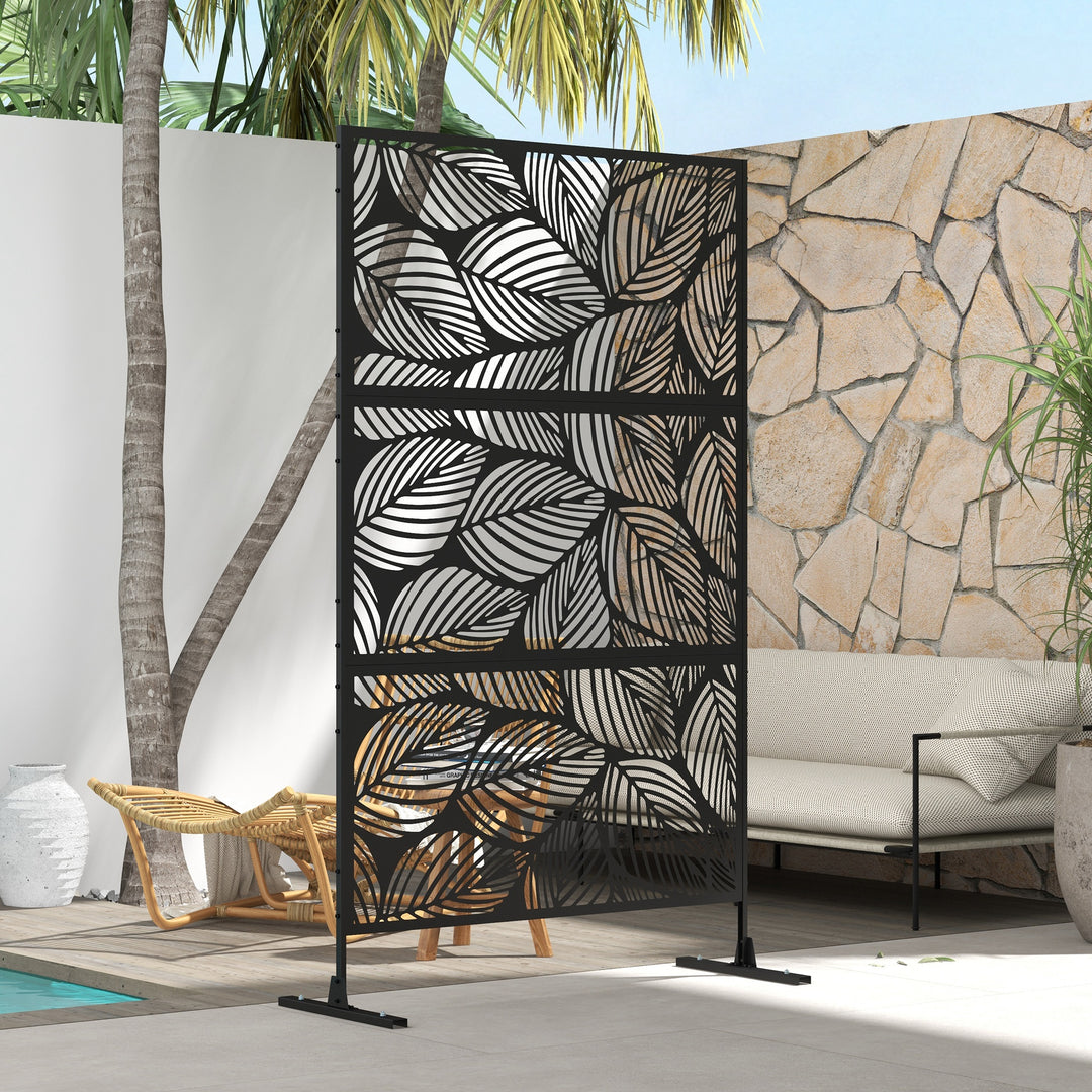 Outsunny 6.5FT Decorative Outdoor Divider, Metal Privacy Screen with Stand, Leaf Style, Black