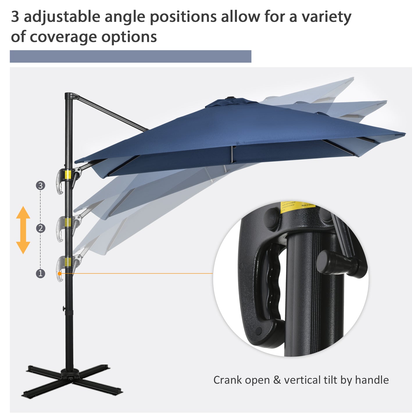 Outsunny 8' x 8' Square Patio Hanging Offset Umbrella with 360Â° Rotation, Aluminum Outdoor Cantilever Parasol with Crank & Tilt, Sun Canopy Shelter with Cross Base, Dark Blue