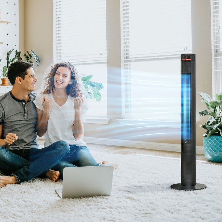 HOMCOM Freestanding Tower Fan Cooling for Home Bedroom with 3 Speed, 12h Timer, Oscillating, LED Panel, Remote Controller, Black